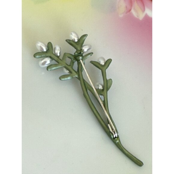 Vintage 60's Green Enamel Faux Pearl Spray Brooch Pin - Picture 6 of 9